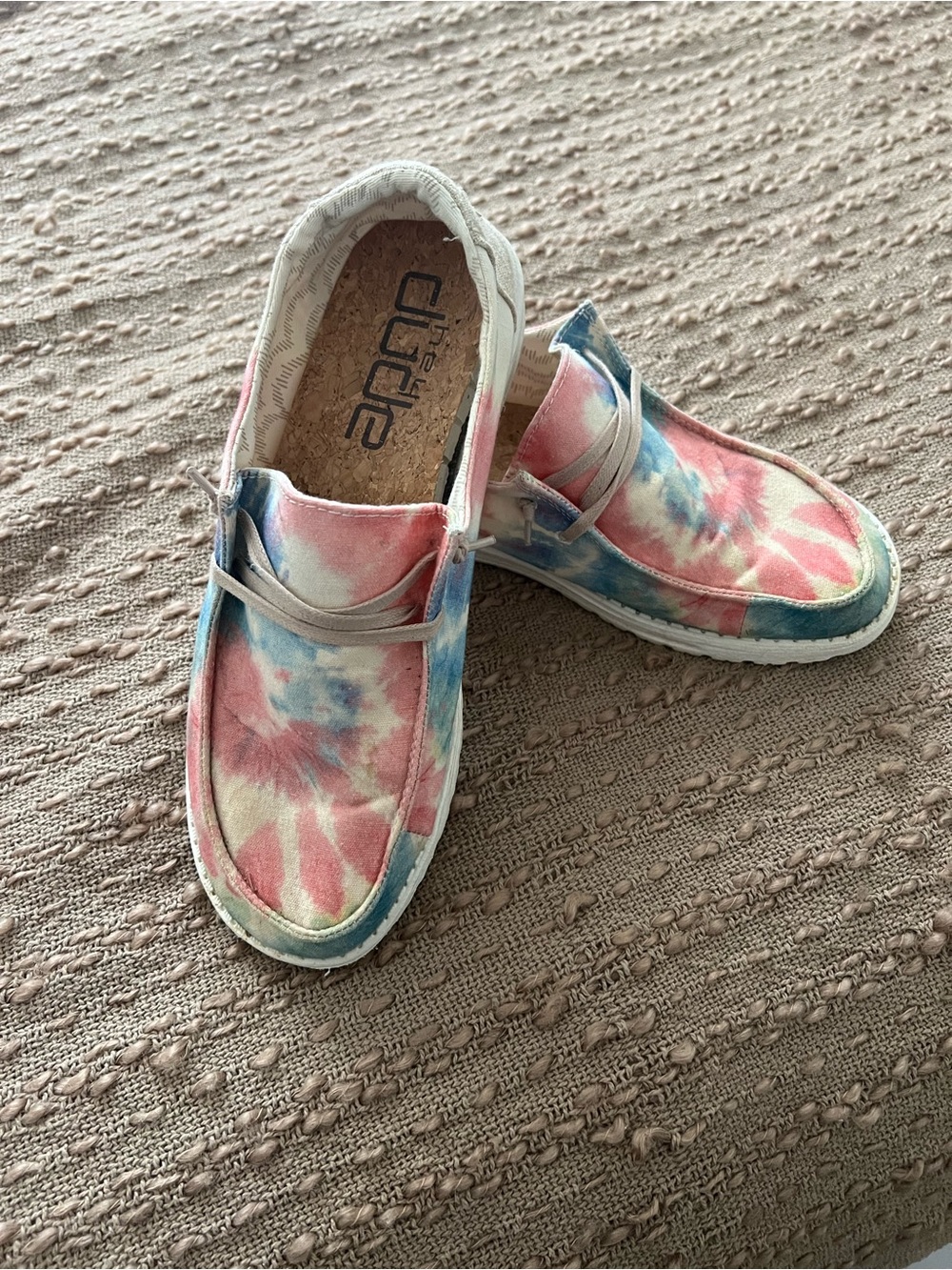 Hey Dude Women’s Tie-Dye Slip-On Moccasins in Pink and Blue